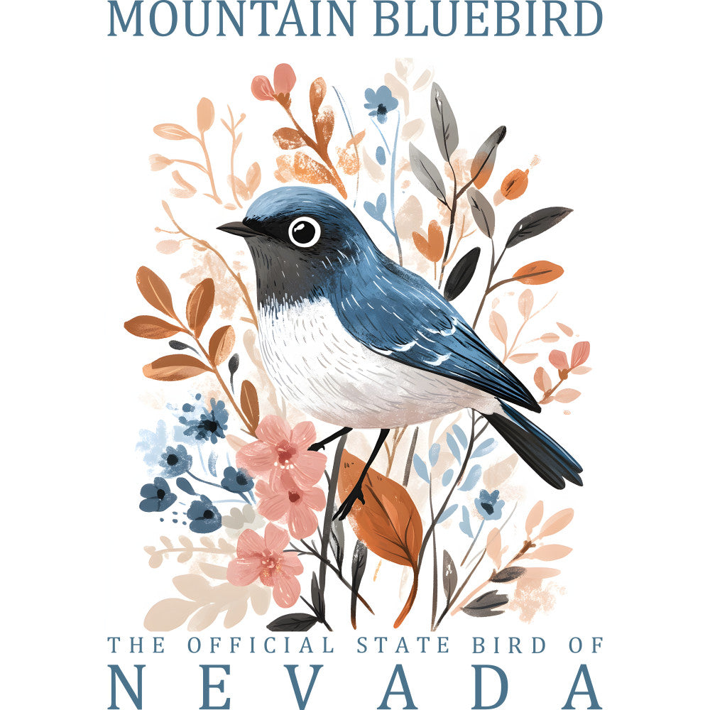 mountain bluebird, state bird, nevada, blue bird, watercolor style, floral background, botanical elements, peach flowers, coral blooms, gray leaves, white breast, black head, fabric panel, quilting cotton, nature theme, spring colors, soft pastels, decorative panel, bird illustration, wildflowers