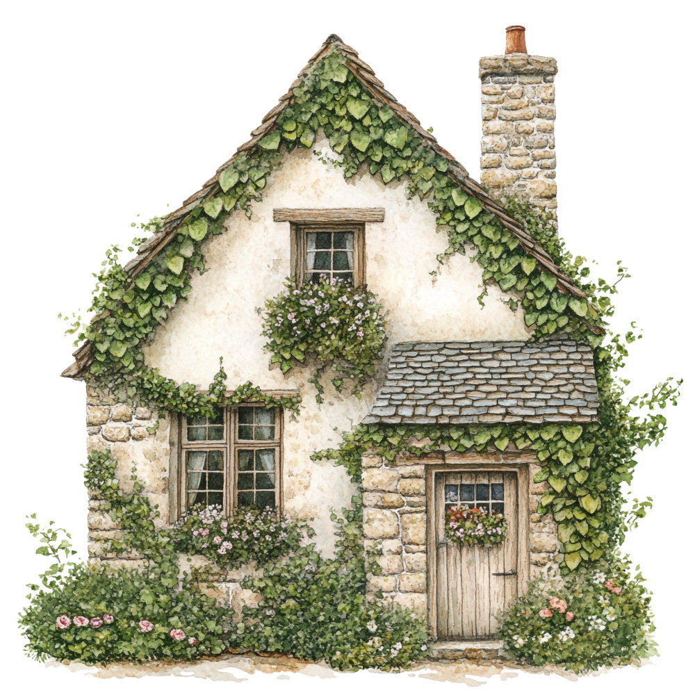 cottage, ivy covered, stone chimney, wooden door, flower boxes, cream walls, green foliage, watercolor style, english countryside, fabric panel, quilting cotton, rustic charm, climbing vines, slate roof, pastoral scene, cottage garden, soft colors, botanical elements, country living, whimsical illustration