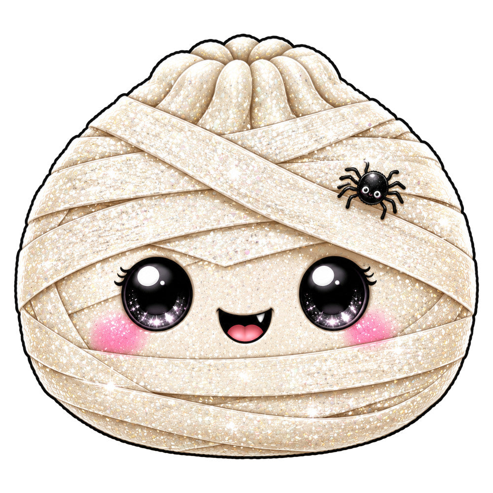 cream, beige, tan, gold, sparkle, glitter, mummy, halloween, cute, kawaii, whimsical, playful, child-friendly, kids, spooky, festive, wrapped, bandages, spider, insects, big eyes, smiling face, rosy cheeks, charming, fun, novelty, costume, holiday, autumn, fall