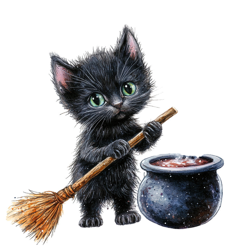 black cat, witch, magical, cauldron, broomstick, charcoal black, emerald green, sage green, celestial, stars, mystical, whimsical, fantasy, halloween, spooky, potion, witchcraft, enchanted, dark magic, folklore, storybook, illustration, cute animal, green eyes, rustic wood, dark academia, gothic, seasonal, autumn, october