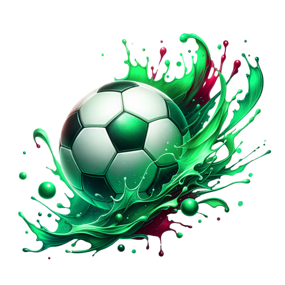 watercolor, soccer ball, green splash, emerald green, burgundy accents, white background, sports theme, dynamic movement, liquid paint effect, fabric panel, quilting cotton, athletic design, abstract splash, geometric ball pattern, vibrant colors, artistic style, modern design, boys room decor, sports fabric, paint splatter