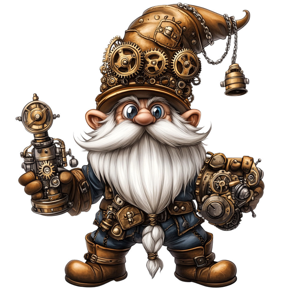 copper, bronze, gold, brass, steampunk gnome, mechanical gears, clockwork details, fantasy character, white beard, blue eyes, victorian goggles, brass machinery, industrial elements, whimsical design, fabric panel, quilting cotton, craft project, steam-powered accessories, ornate helmet, leather boots, chain details, mystical creature