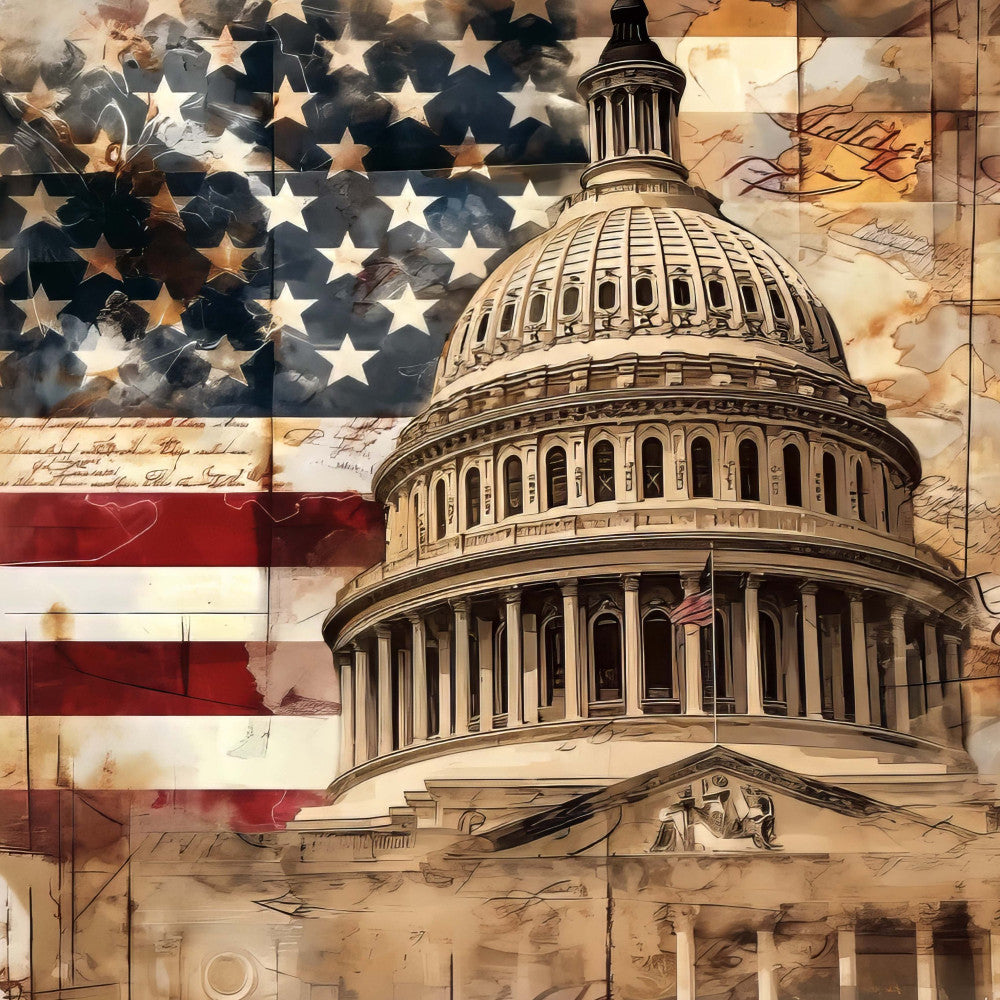 patriotic, american flag, capitol building, stars and stripes, red white and blue, cream, tan, sepia, vintage, historical, government, americana, constitution, patriot, independence day, fourth of july, memorial, tribute, elegant, traditional, nostalgic, handwriting, script detail, architectural, monument, wall hanging, home decor, heritage, timeless
