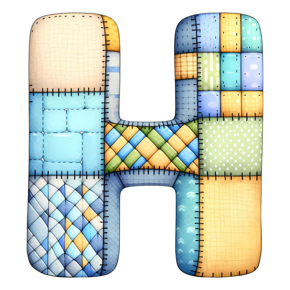 letter h, alphabet, patchwork, multicolor, light blue, soft yellow, sage green, ocean blue, navy blue, cream, quilted, diamond pattern, checkered, polka dot, striped, geometric, whimsical, playful, children, educational, learning, stitched, decorative, wall hanging, nursery, playroom, fun, colorful, mixed patterns
