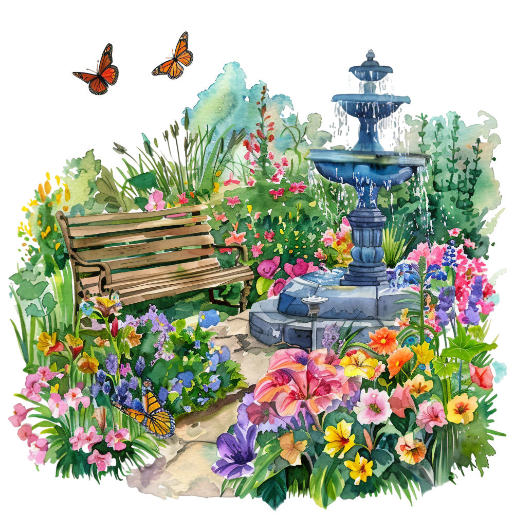 watercolor style, summer garden, butterfly motifs, fountain centerpiece, park bench, floral blooms, fabric panel, quilting cotton, nature scene, outdoor landscape, pink flowers, purple blossoms, yellow blooms, blue fountain, green foliage, orange butterflies, garden path, peaceful setting, botanical design, vibrant colors