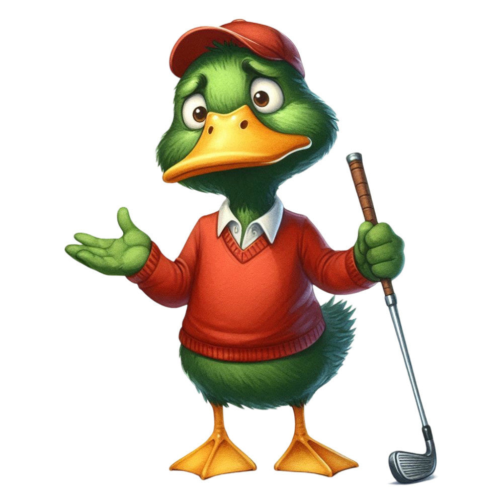 green duck, orange red, yellow beak, golf theme, golfer character, sports, whimsical animals, cartoon bird, anthropomorphic, cute character, playful, fun, masculine, hobby themed, golf club, athletic wear, preppy style, children's fabric, novelty print, character panel, animal illustration, bright colors, vibrant print, casual style, retro cartoon, lighthearted, entertaining design, kids quilting, boys fabric