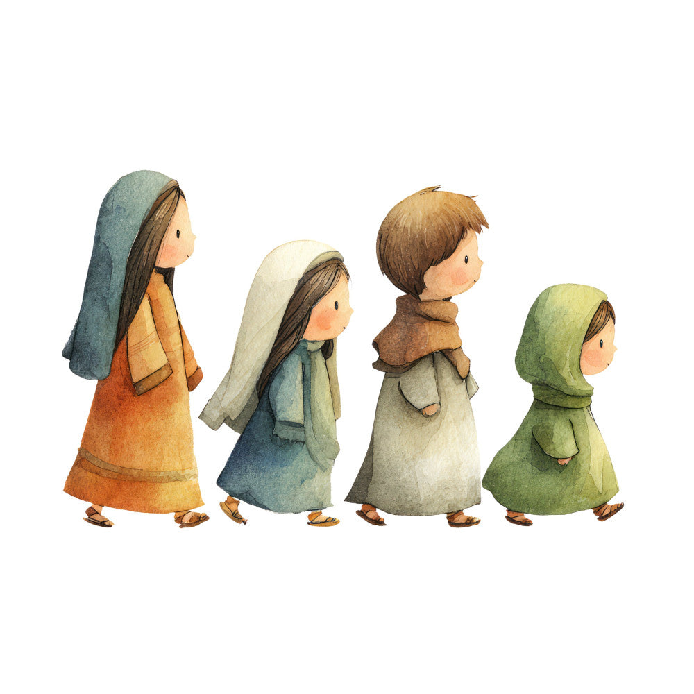 children illustration, figures in motion, diverse characters, warm earth tones, sage green, dusty blue, burnt orange, cream, muted colors, whimsical, storybook, vintage inspired, cultural diversity, folk art, peaceful, gentle, soft palette, children's literature, character panel, narrative illustration, diverse representation, nostalgic, timeless, illustrative, artistic, cultural clothing, figure study, multi-colored, heritage inspired, inclusive design