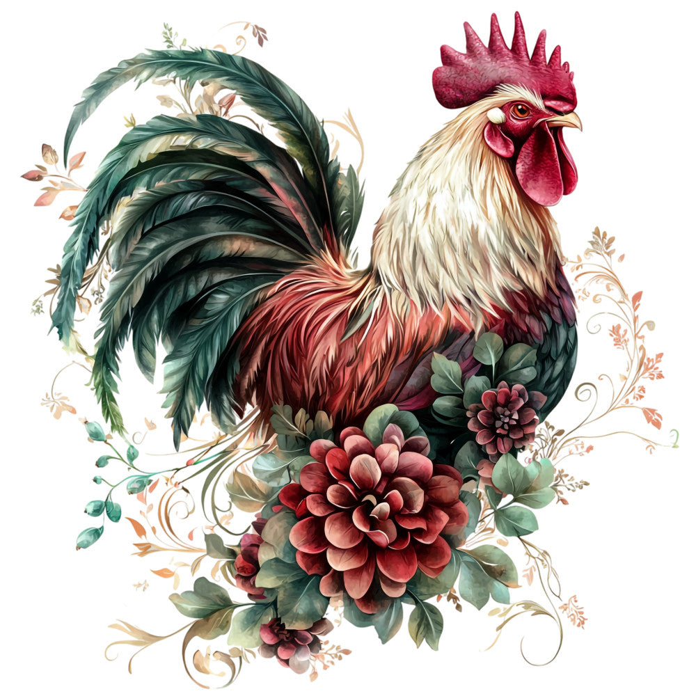 rooster, floral, burgundy, teal, cream, watercolor style, botanical, dahlia flowers, green leaves, ornate feathers, fabric panel, quilting cotton, decorative swirls, farm animal, country charm, rustic elegance, detailed illustration, nature motifs, rich colors, artistic design