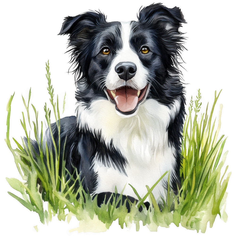 watercolor, border collie, dog portrait, black and white fur, amber eyes, pink tongue, green grass, nature scene, fabric panel, quilting cotton, pet themed, realistic artwork, soft brushstrokes, pastoral setting, animal lover, crafting material, sewing panel, dog breed, outdoor scene, happy expression