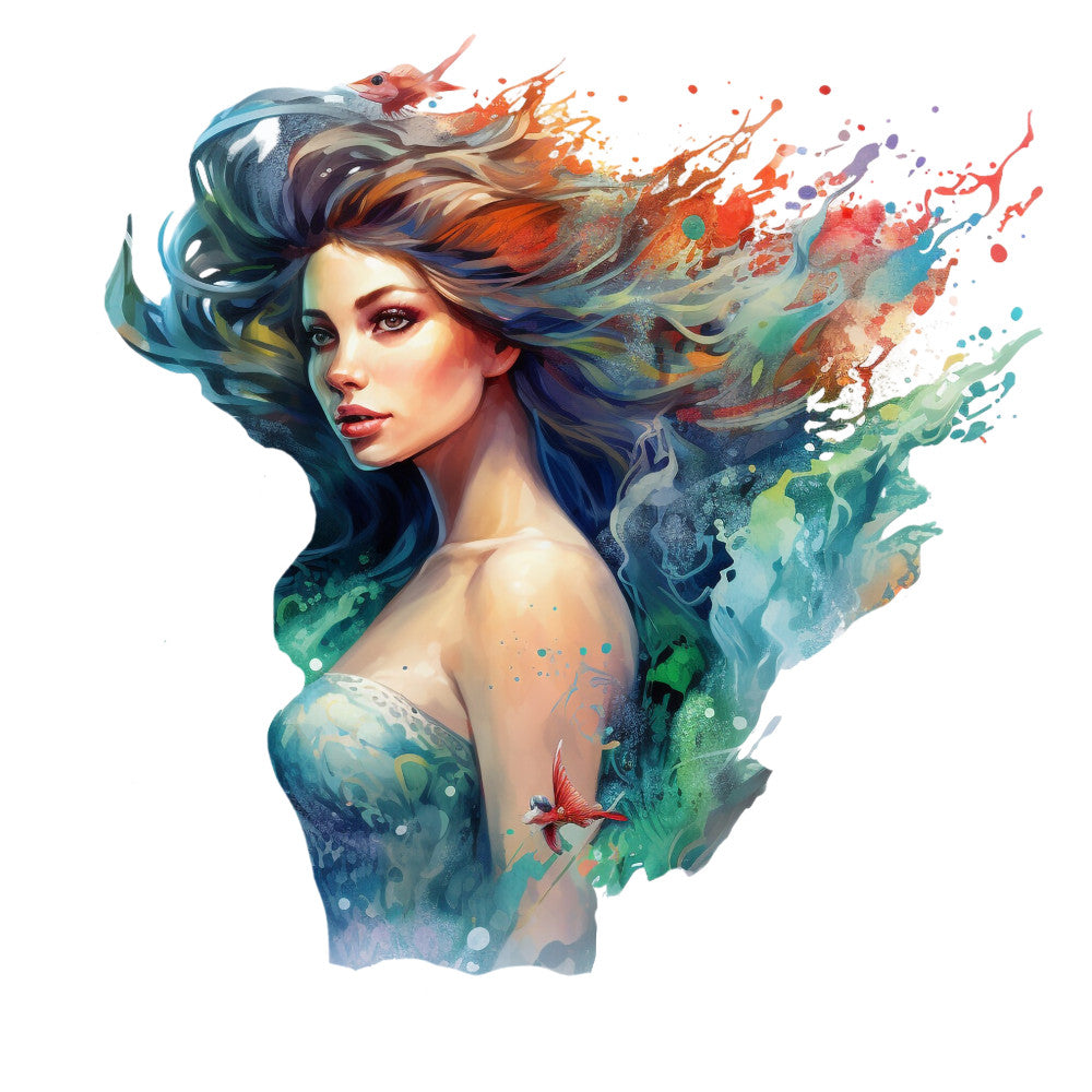 watercolor style, mermaid portrait, flowing hair, ocean colors, teal blue, coral orange, sea green, purple accents, fantasy art, mythical creature, paint splashes, artistic brushstrokes, fabric panel, quilting cotton, ethereal beauty, marine theme, aquatic design, whimsical illustration, colorful hair, dreamy artwork