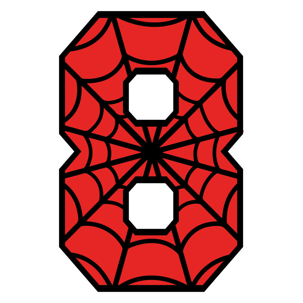 red, black, spider web, number eight, alphabet, superhero theme, geometric pattern, comic book style, fabric panel, quilting cotton, octagonal shape, web design, radial pattern, bold colors, children's fabric, novelty print, applique design, craft material, sewing panel, coordinating fabric