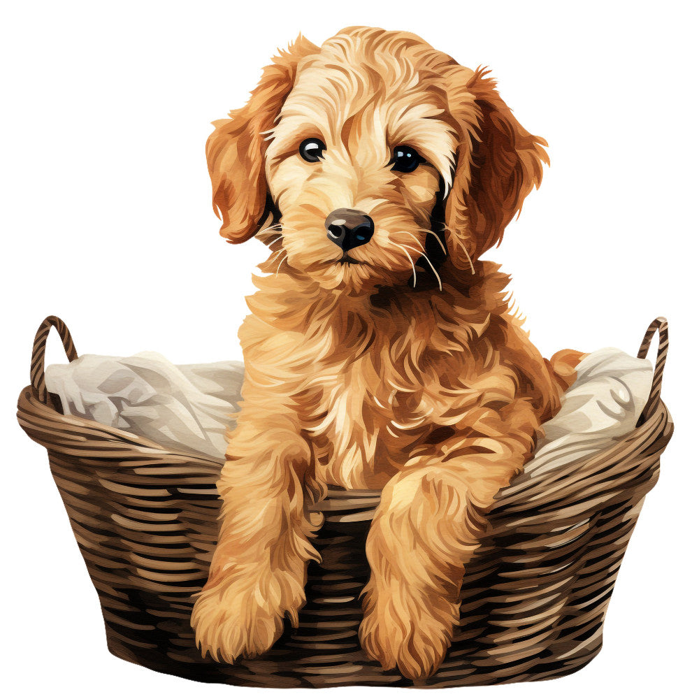 golden brown, cream, tan, apricot, warm beige, dog, puppy, doodle, poodle, goldendoodle, labradoodle, basket, woven basket, animals, pets, dog lovers, whimsical, cute, adorable, nursery, baby, children's, playful, friendly, portrait, realistic, illustration style, home decor, wall hanging, baby quilt