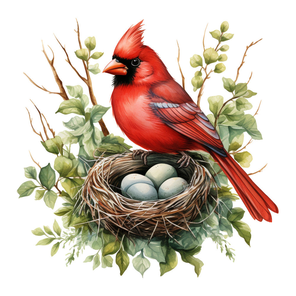 red cardinal, bird illustration, nest with eggs, blue eggs, botanical foliage, green leaves, brown twigs, watercolor style, nature scene, wildlife art, fabric panel, quilting cotton, spring theme, nesting bird, realistic rendering, soft colors, detailed artwork, ornithology design, craft fabric, sewing material