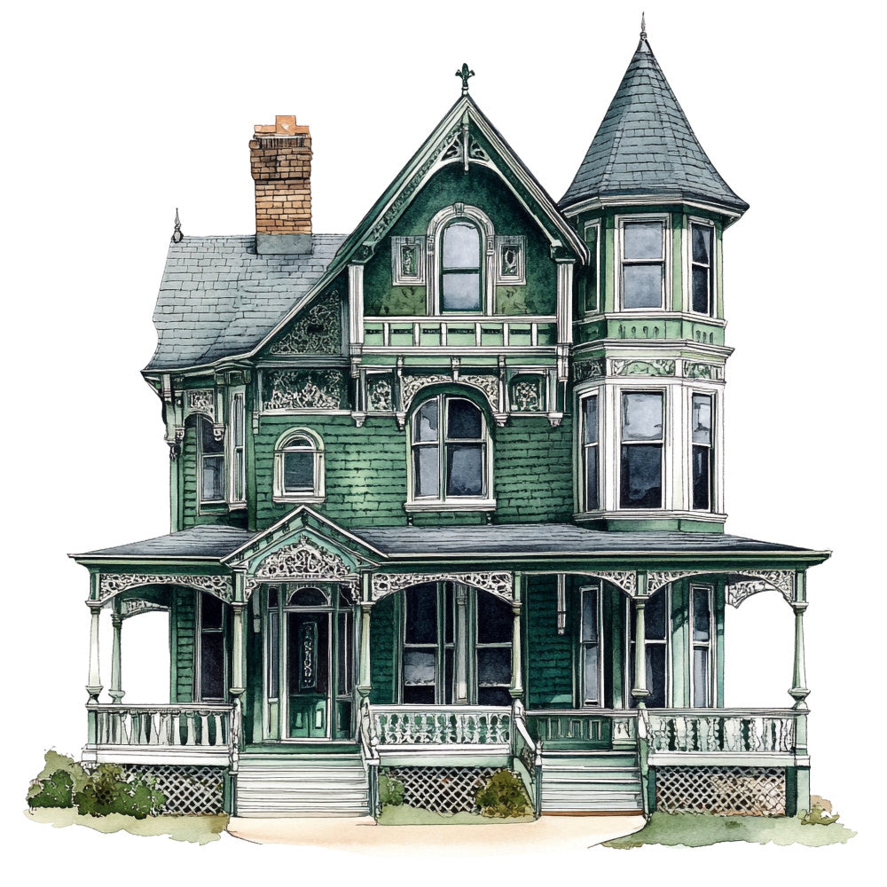 victorian house, architectural, green and white, forest green, cream, charcoal gray, brick red, vintage architecture, cottage, historic home, detailed illustration, ornate, elegant, traditional, classic americana, nostalgic, heritage, gingerbread trim, turret tower, wrap-around porch, americana, home decor, building illustration, decorative arts, timeless design, heirloom, storybook, whimsical architecture