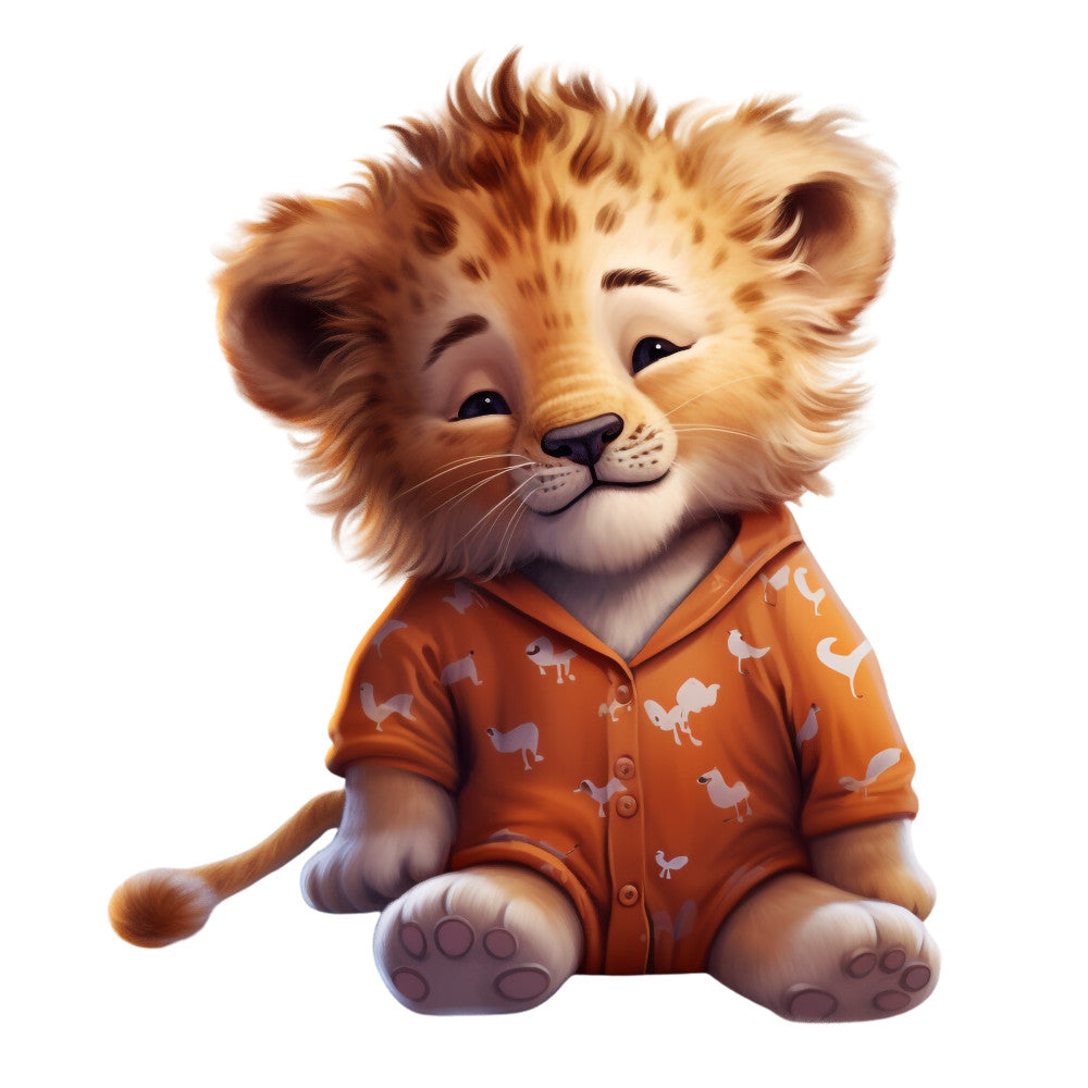 lion cub, orange pajamas, golden mane, cute animal, children's fabric, quilting panel, cotton fabric, whimsical illustration, nursery theme, baby lion, cartoon style, warm colors, animal sleepwear, kid's bedding, soft pastels, playful design, fabric square, digital print, adorable character, pajama pattern