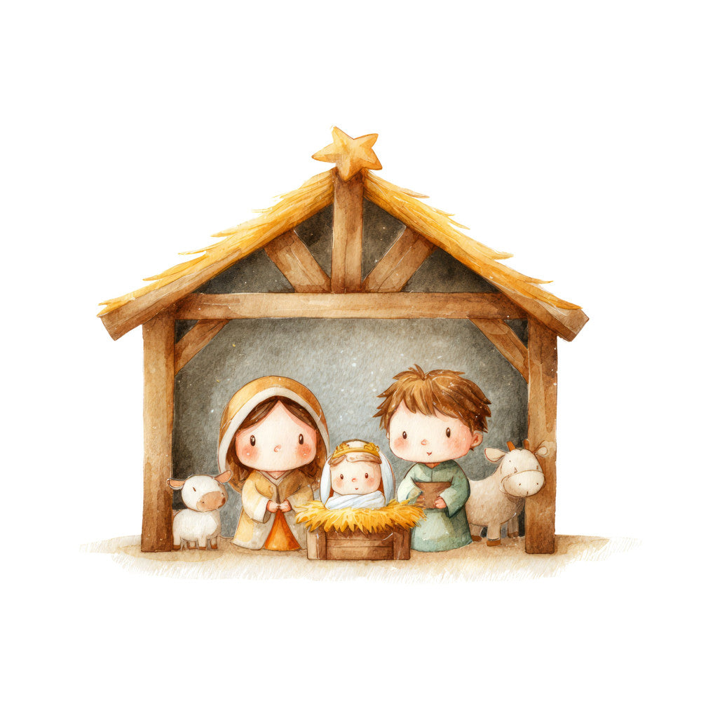 nativity, christmas, religious, winter, holiday, cream, tan, beige, warm brown, soft gold, sage green, gentle, whimsical, sweet, charming, rustic, traditional, baby, children, nativity scene, manger, holy family, lamb, sheep, star, peaceful, calm, spiritual, festive, storybook