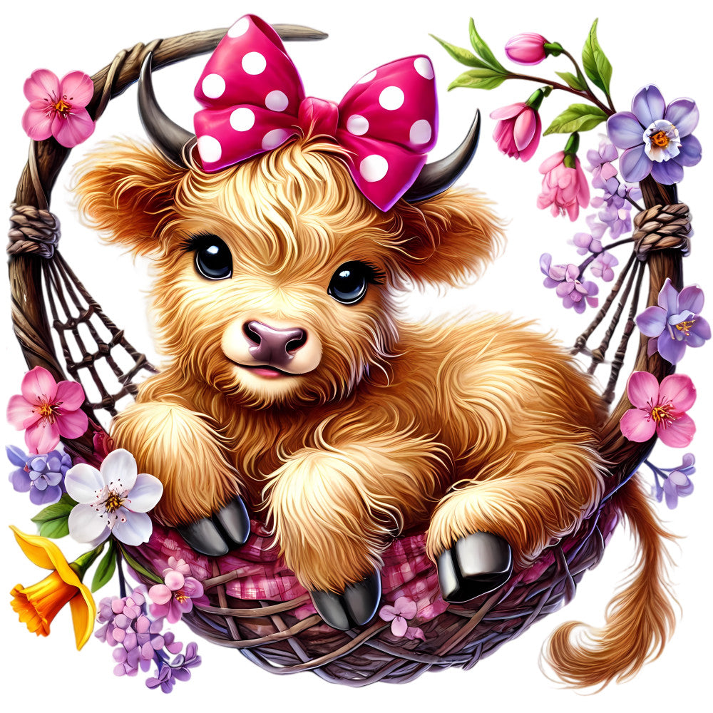 Springtime Highland Cows Fabric Panel 6 featuring a cute calf with a pink bow surrounded by vibrant spring flowers in a wicker basket.