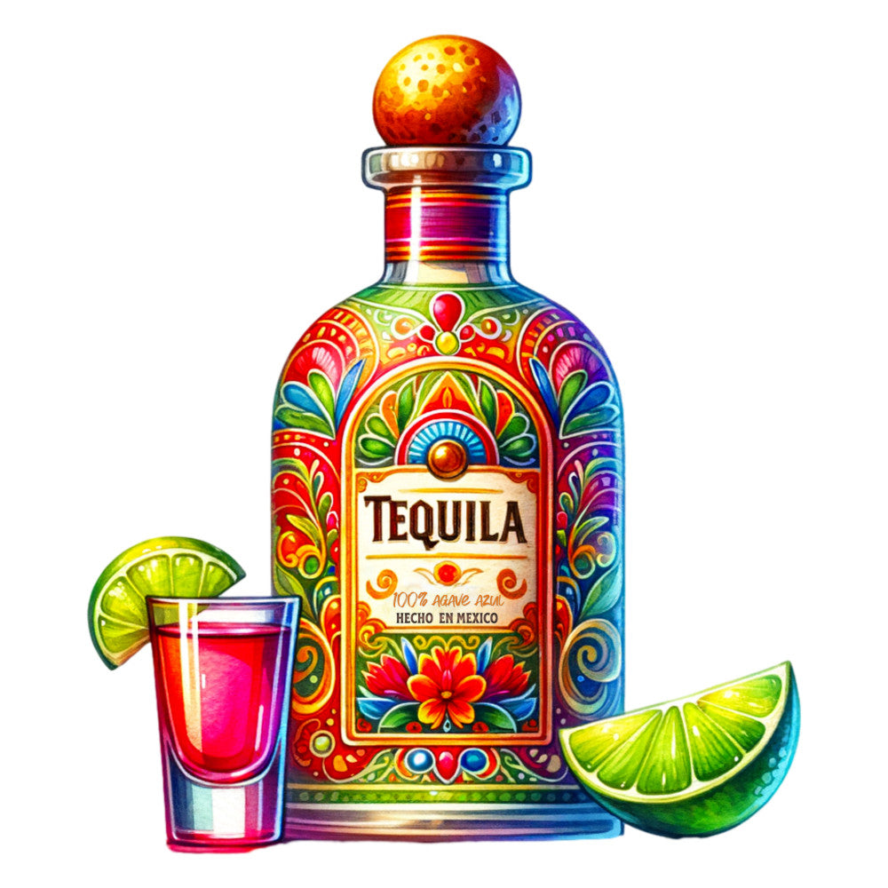 tequila bottle, colorful paisley, mexican motifs, lime wedges, shot glass, vibrant rainbow, ornate patterns, floral designs, decorative swirls, fabric panel, quilting cotton, red liquid, green citrus, golden yellow, purple accents, blue gradients, festive theme, beverage illustration, intricate details, bright colors