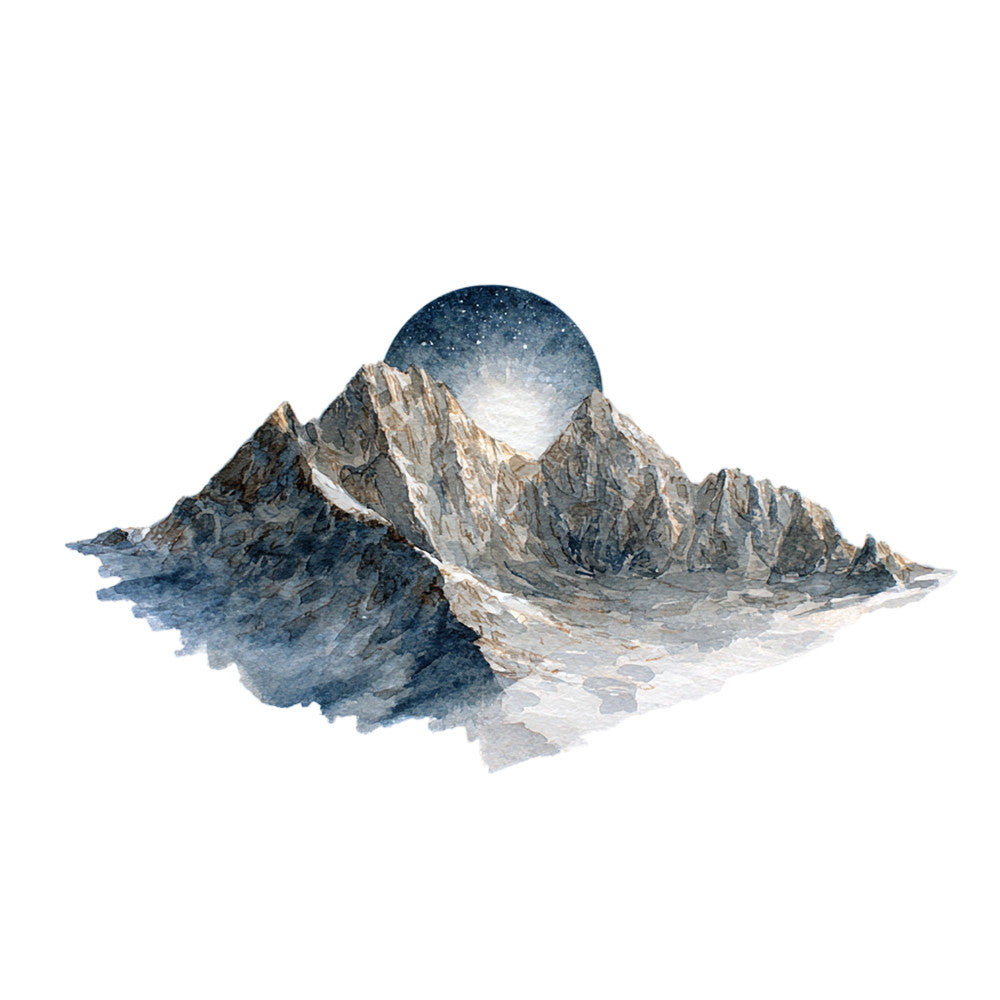 starry night, celestial, mountain landscape, night sky, stars, navy blue, cream, tan, beige, gray, rocky terrain, nature, scenic, dramatic landscape, modern, artistic, abstract, surreal, wanderlust, adventure, outdoor, majestic peaks, contemplative, ethereal, fantasy, wall hanging, home decor, landscape art, dual tone, moonlit
