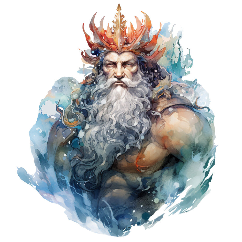 ocean blue, aqua, teal, coral orange, white foam, sea god, poseidon, mythological figure, flowing beard, crown, trident, watercolor style, maritime theme, nautical, ocean waves, bubbles, swirling water, fabric panel, quilting cotton, fantasy art, sea mythology