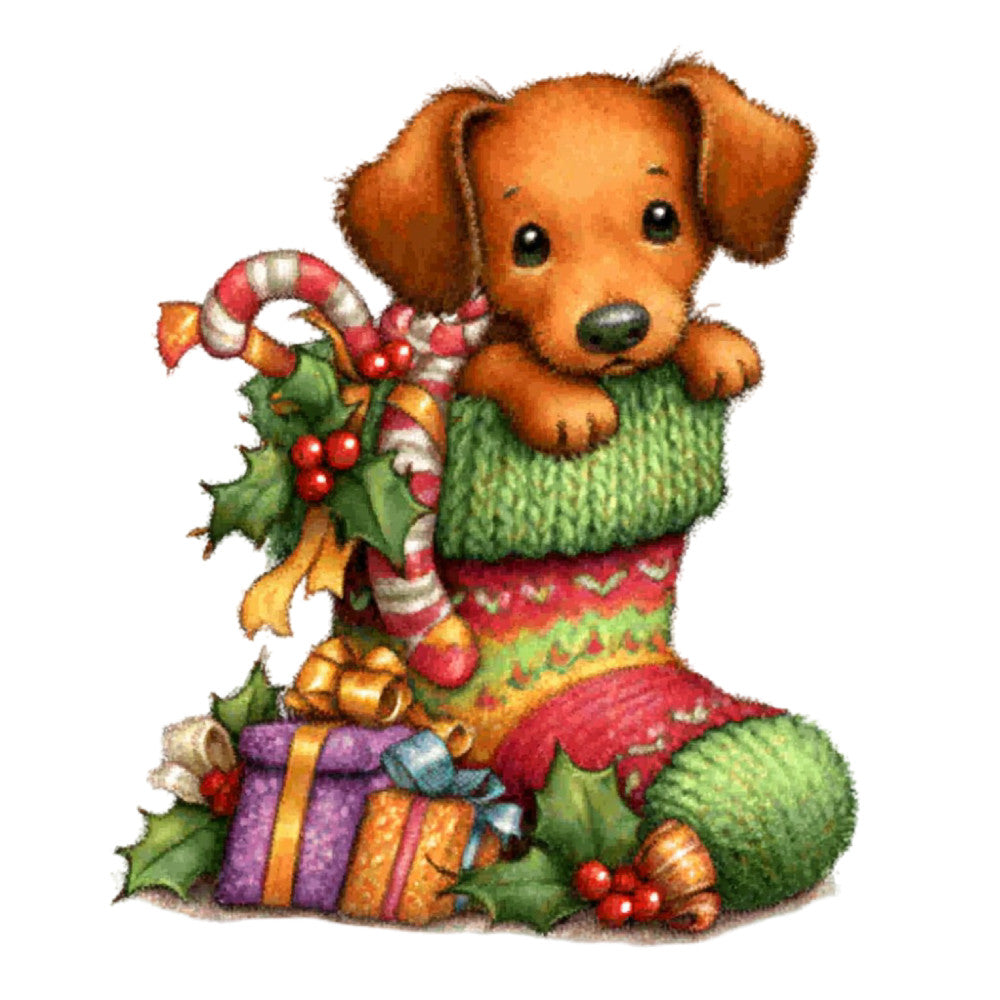 puppy, dog, christmas, holiday, festive, candy cane, holly, red berries, green leaves, stocking, gifts, presents, winter, seasonal, rust orange, forest green, red, gold, purple, whimsical, cute, children's, baby, animals, decorated, festive theme, adorable, illustration style, greeting card aesthetic