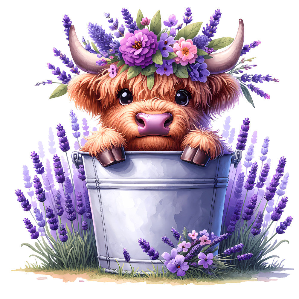 Cute Highland Cows in Buckets Fabric Panel 9 featuring a fluffy cow with flowers and lavender in a silver bucket, premium quilting cotton.