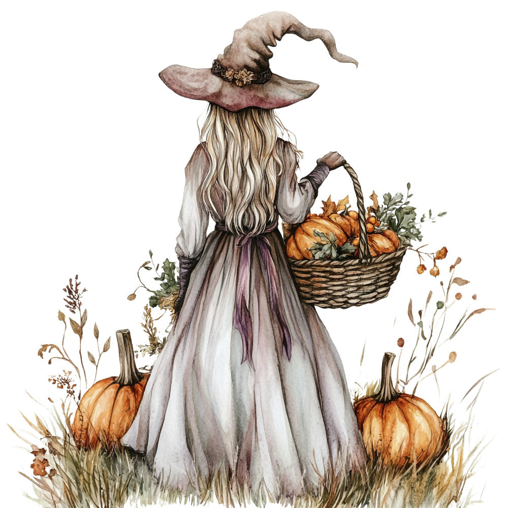watercolor witch, autumn harvest, pumpkin basket, flowing dress, pointed hat, blonde hair, orange pumpkins, fall foliage, botanical elements, muted pastels, beige tones, purple accents, fabric panel, quilting cotton, mystical character, seasonal design, harvest theme, soft watercolors, feminine witch, autumn botanicals