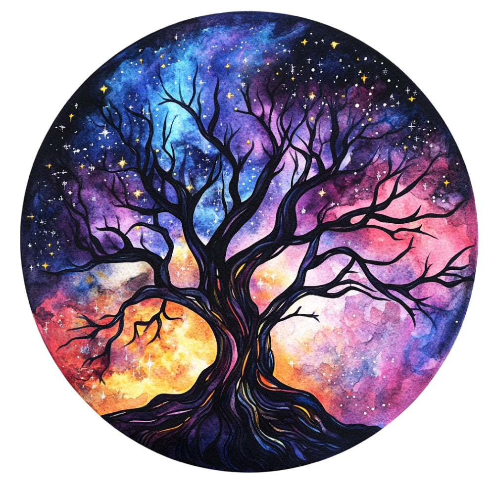 celestial, cosmic, tree of life, galaxy, night sky, starry, purple, deep blue, navy blue, pink, coral pink, golden yellow, orange, magenta, watercolor, abstract, whimsical, bohemian, nature, mystical, ethereal, dreamy, spiritual, stars, branches, roots, moon phase, universe, magical, fantasy