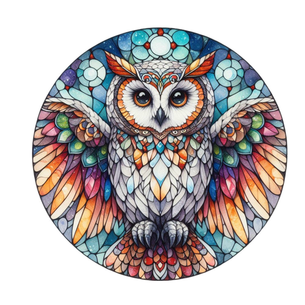 stained glass, owl, circular panel, blue, turquoise, orange, purple, pink, white, multicolored, geometric patterns, mandala style, feathers, wings spread, large eyes, mosaic effect, decorative borders, vibrant colors, quilting panel, cotton fabric, ornamental design, symmetrical pattern, artistic motif