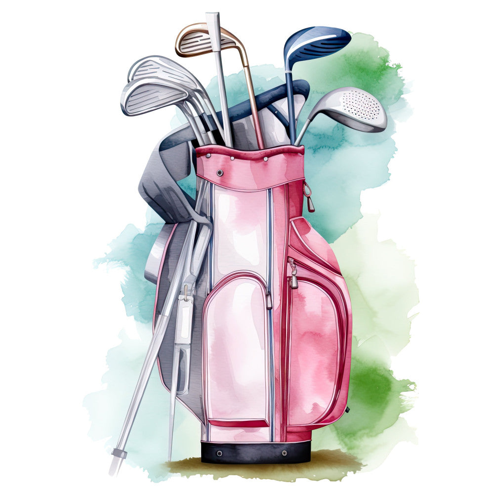 golf, sports, golf clubs, pink, coral pink, white, navy blue, teal, green, watercolor, abstract, whimsical, leisure, hobby, golf bag, irons, woods, drivers, putters, athletic, recreational, modern, casual, stylized, golf enthusiast, sports themed, country club, pastel watercolor, soft blend, women's sports