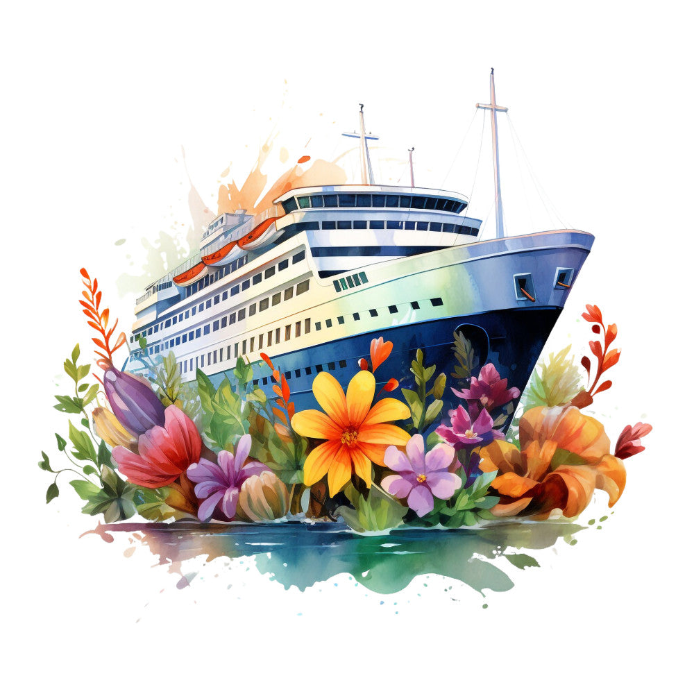 cruise ship, watercolor style, tropical flowers, navy blue, orange blooms, purple petals, yellow flowers, maritime theme, ocean vessel, floral arrangement, multi-deck ship, fabric panel, quilting cotton, travel theme, vacation motif, nautical design, botanical elements, colorful blossoms, ship illustration, tropical paradise