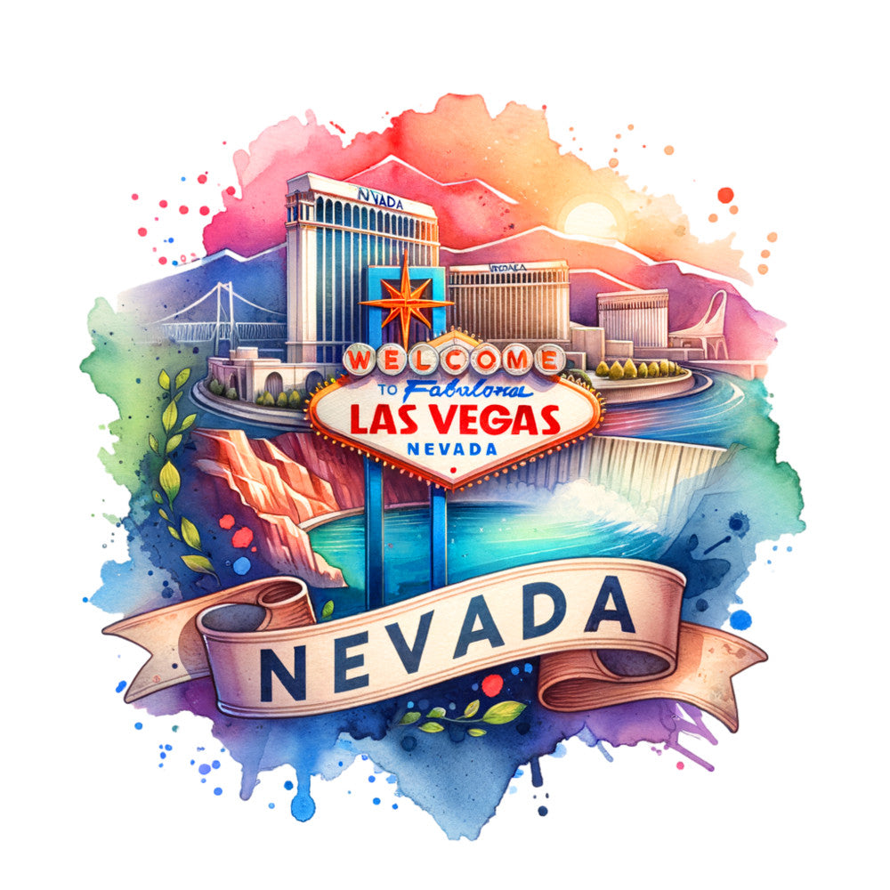 US States Retro Travel Fabric Panel 6 featuring Nevada landmarks including Las Vegas sign and Hoover Dam on premium quilting cotton.