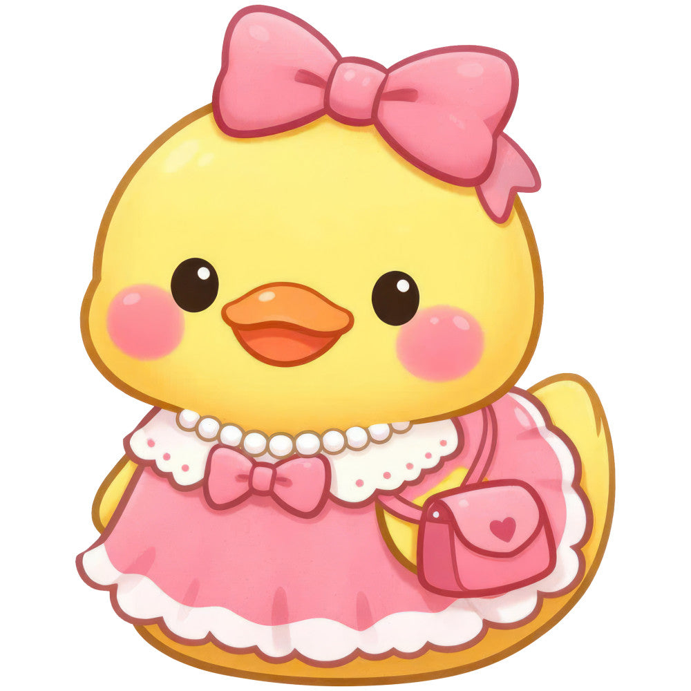 bright yellow, coral pink, rose pink, cute animals, chick, baby chick, bows, ribbons, pearl necklace, hearts, whimsical, kawaii, sweet, girly, feminine, spring, baby girl, nursery, children's, playful, cheerful, happy face, dress, vintage inspired, retro cute, decorative panel, wall hanging, baby quilt
