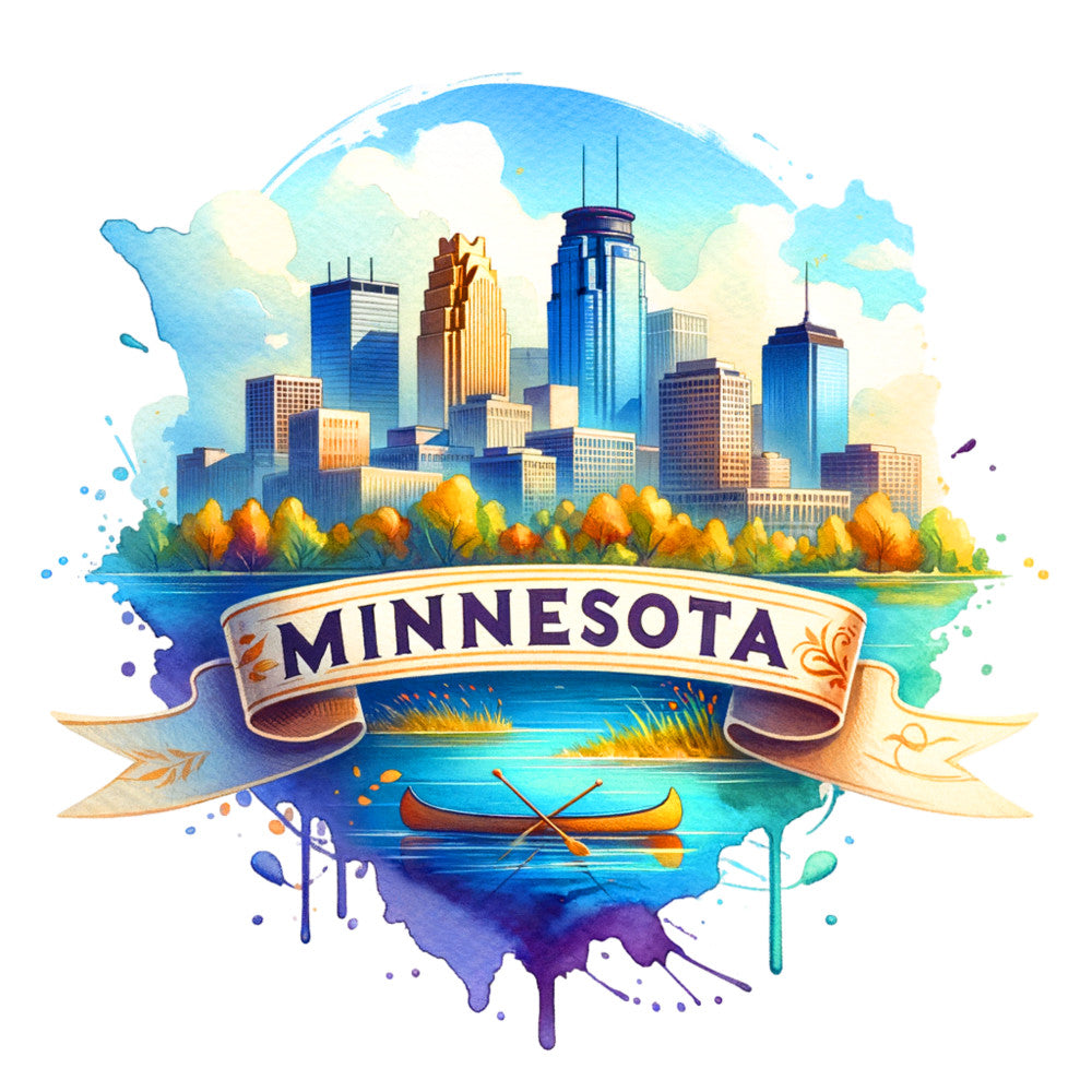 US States Retro Travel Fabric Panel 35 featuring Minnesota skyline and canoe on water in premium quilting cotton print