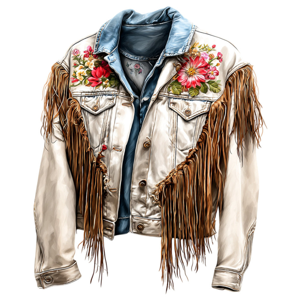 cream, tan, brown, red, pink, yellow, gold, denim blue, light blue, floral, flowers, roses, daisies, western, fringe, boho, bohemian, vintage, retro, rustic, country, jacket, embroidered, embroidery, nature, botanical, spring, summer, apparel, fashion