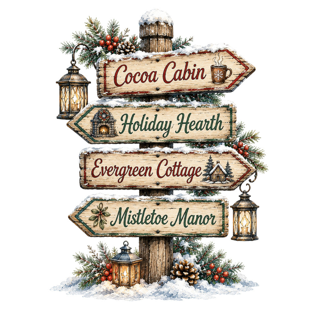 holiday, christmas, winter, snow, cabin, cottage, rustic, vintage, farmhouse, directional sign, wooden signs, evergreen, mistletoe, festive, cozy, cream, red, forest green, dark green, warm neutrals, lanterns, pine cones, holly berries, traditional, nostalgic, decorative, seasonal, home decor, wall hanging, winter scenes
