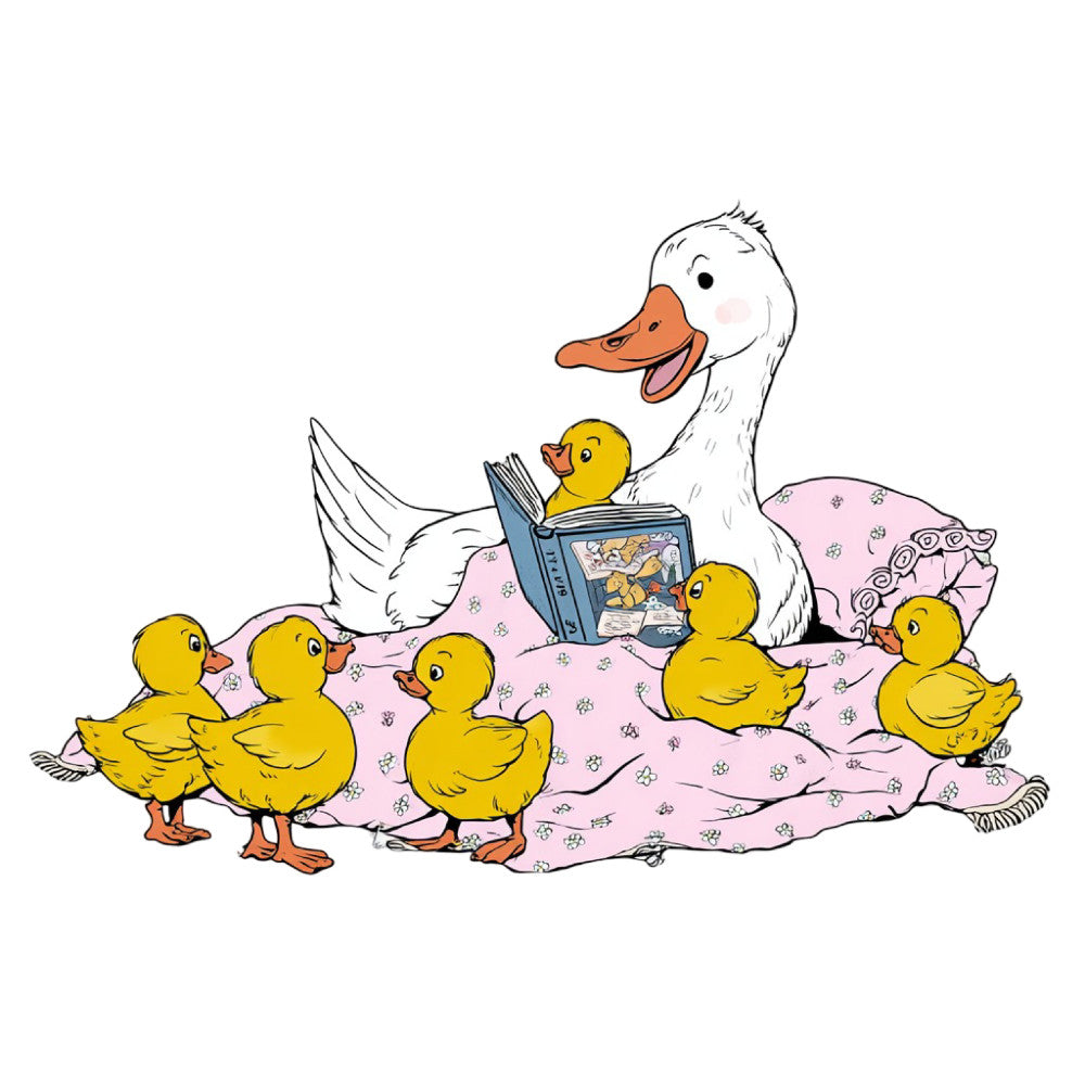white duck, yellow ducklings, pink blanket, storybook, children's illustration, farmyard animals, nursery, baby, spring, whimsical, cute, gentle, soft colors, pastel pink, golden yellow, white, reading, educational, mother duck, duckling, nature, pastoral, sweet, innocent, delicate, vintage children's, illustrated, story time, bedtime story