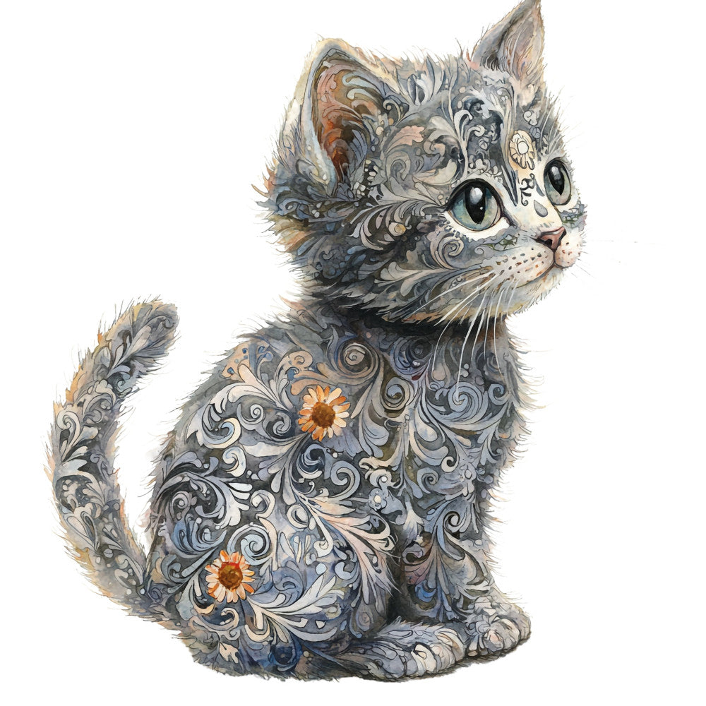 cat, kitten, animal, ornamental, decorative, floral, scrolls, flourishes, baroque, vintage, whimsical, elegant, grey, gray, blue, cream, white, gold, rust orange, sunflower, botanical, intricate, detailed, fantasy, children, nursery, storybook, illustration, artistic, embellished