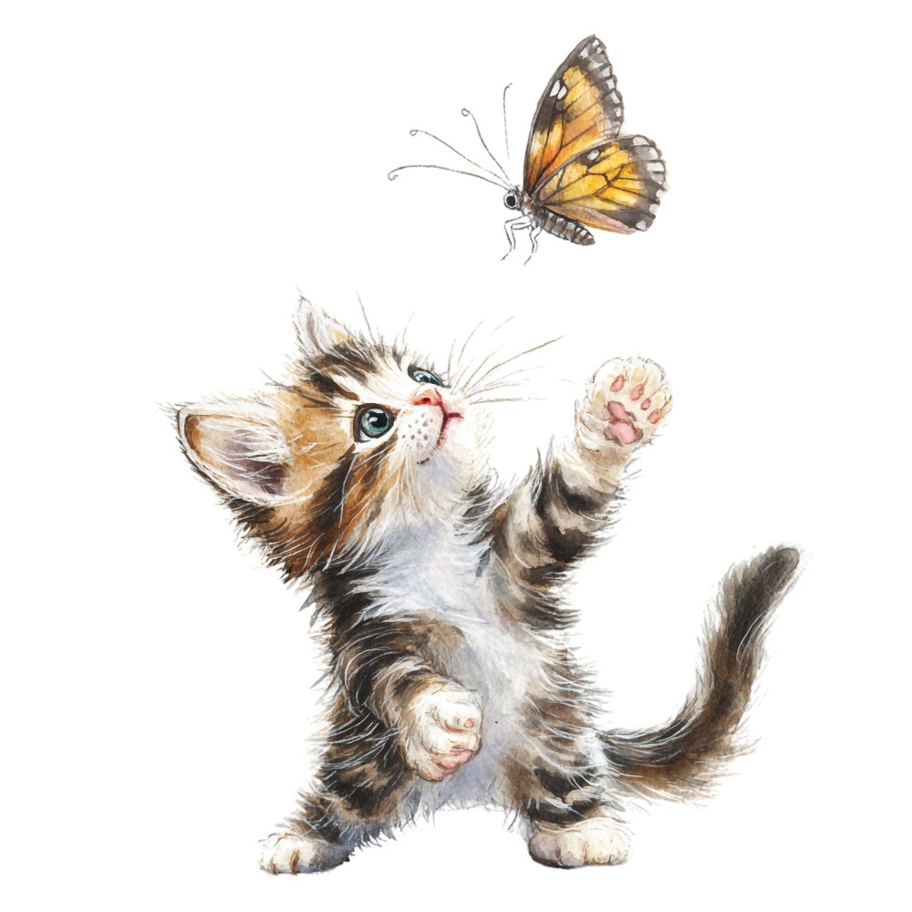 kitten, cat, butterfly, playful, whimsical, orange, golden yellow, brown, cream, white, charcoal gray, watercolor, illustrated, nature, animals, children's, playful cats, cute, adorable, spring, summer, nursery, baby quilt, wall hanging, interactive, pouncing, reaching, soft colors, gentle, sweet