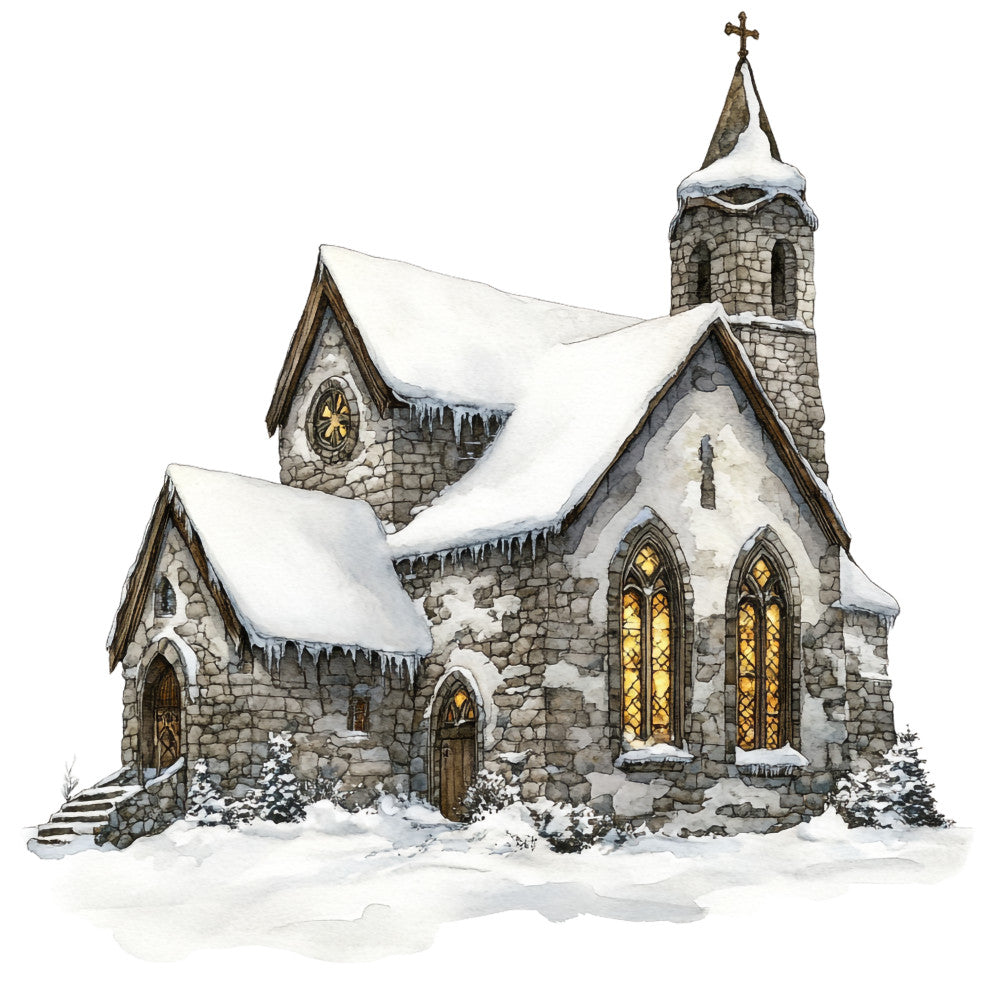 winter church, stone architecture, snow covered, gothic windows, bell tower, cross, icicles, golden light, medieval building, watercolor style, gray stone, white snow, warm glow, fabric panel, quilting cotton, winter scene, scotland theme, religious building, snowy landscape, cozy atmosphere