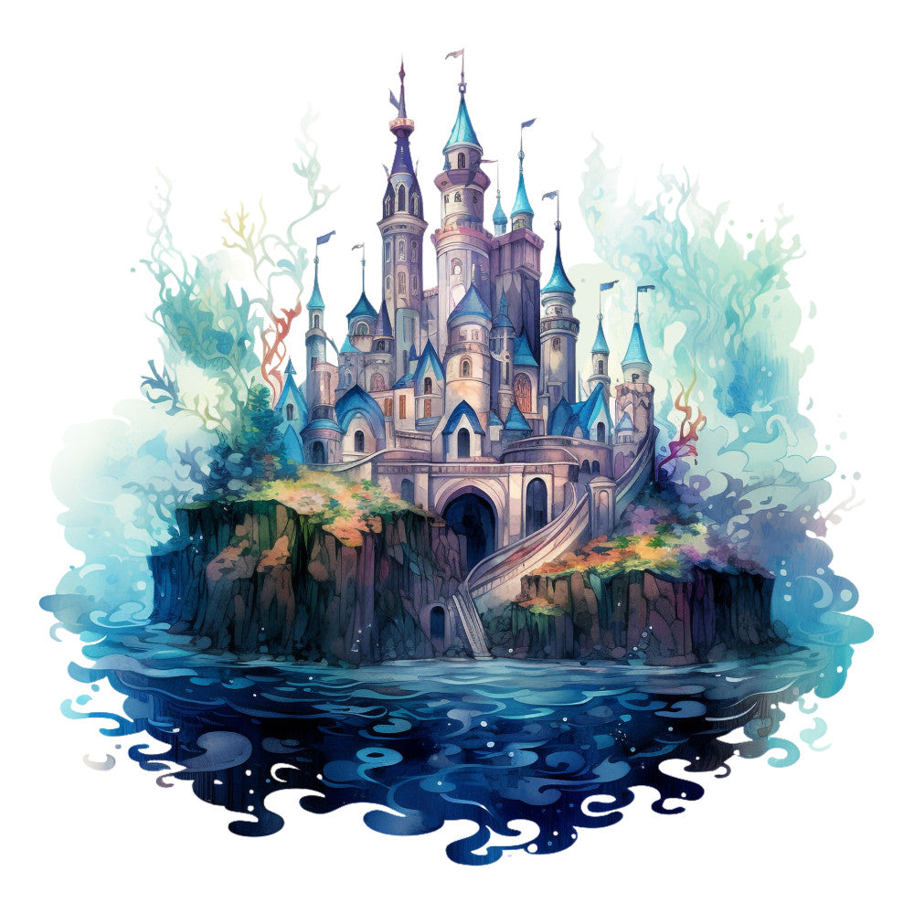 castle, fairy tale, watercolor style, blue tones, turquoise, purple spires, fantasy illustration, island castle, ocean waves, magical kingdom, fabric panel, quilting cotton, whimsical art, storybook scene, medieval towers, aqua blues, enchanted castle, water reflection, mystical atmosphere, cotton panel