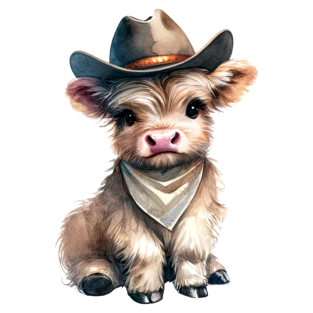 cowboy cow, western, cute animals, farm animals, cattle, whimsical, cream, tan, beige, brown, navy blue, rust orange, pink nose, bandana, cowboy hat, rustic, farmhouse, novelty, children's, playful, humorous, country, folk art, adorable, barnyard, livestock, character print, illustrated animals, decorative panel