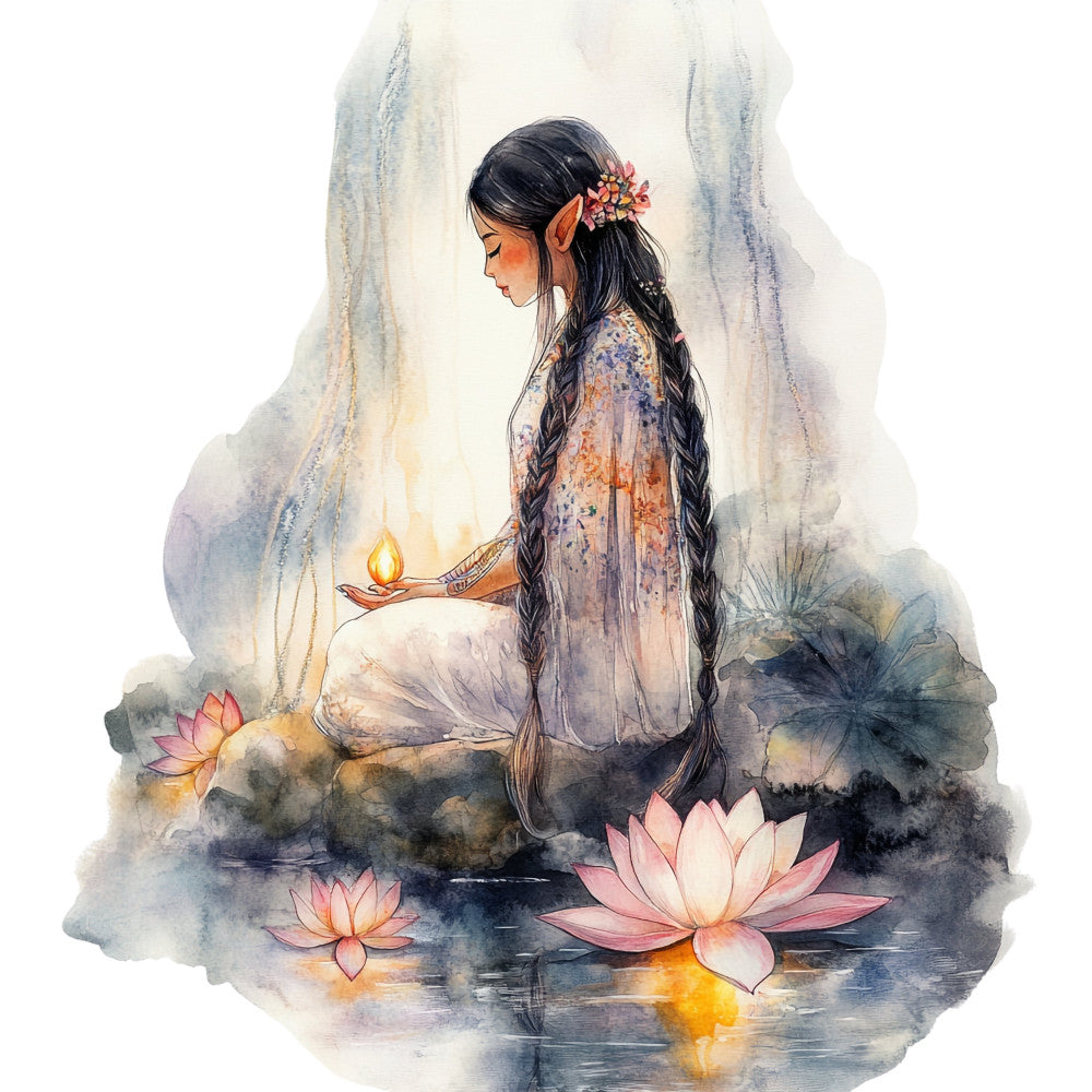 watercolor, asian art, spiritual, meditation, lotus flowers, woman portrait, girl illustration, ethereal, peaceful, contemplative, soft pastels, blush pink, cream, sage green, warm gold, zen, buddhist, nature inspired, graceful, elegant, bohemian, mystical, tranquil, artistic, hand painted effect, cultural, inspirational, introspective