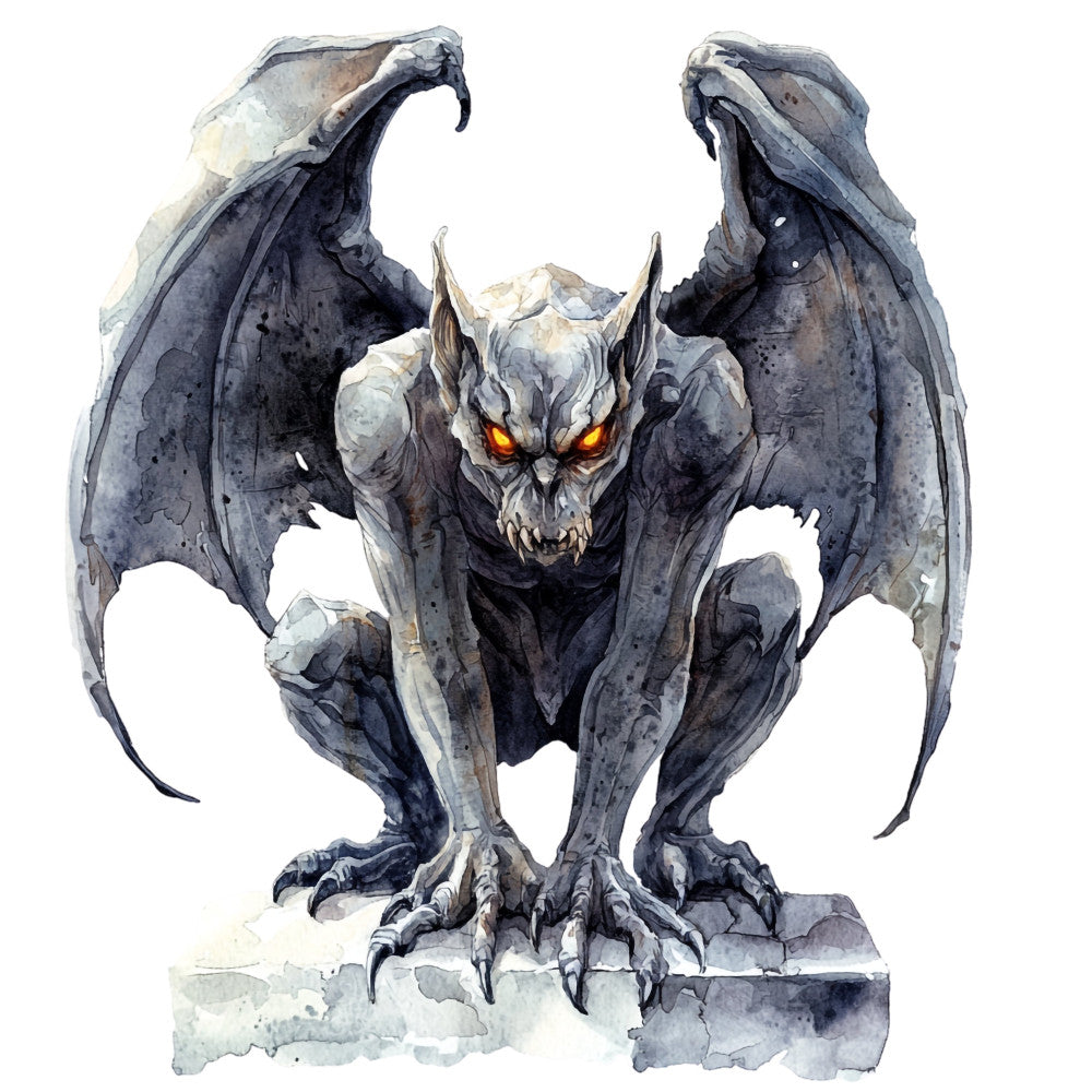 charcoal gray, dark gray, slate blue, stone gray, cream, burnt orange, glowing eyes, demon, gargoyle, gothic, fantasy, creature, monster, wings, bat wings, horns, claws, menacing, dark fantasy, halloween, spooky, supernatural, mystical, dramatic, detailed illustration, character art, dark theme, fantasy art, medieval, evil creature