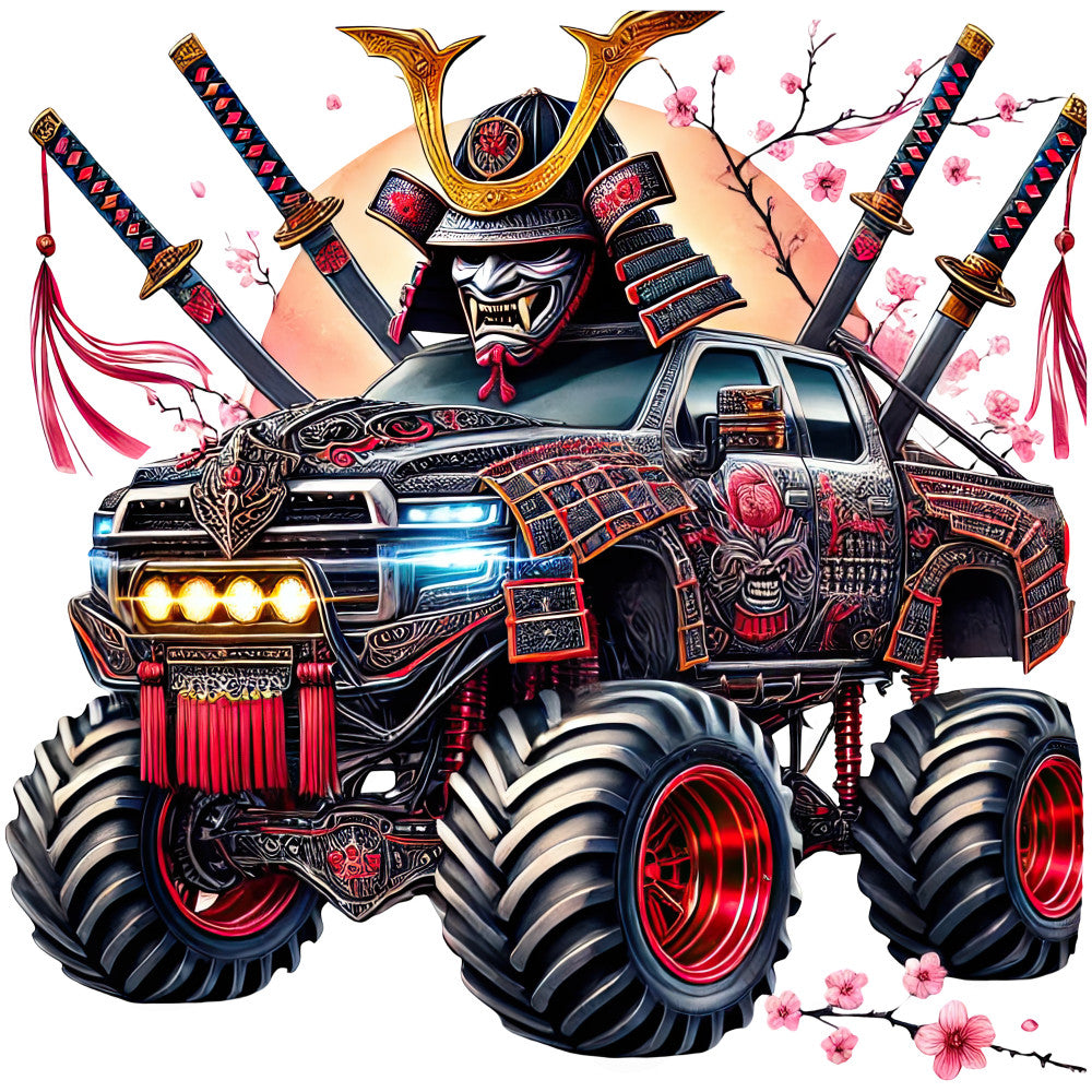samurai, asian, japanese, monster truck, truck, demon mask, oni mask, warrior, gold, black, red, crimson red, deep red, pink blossoms, cherry blossoms, sakura, floral, ornate, decorative, intricate, bold, dramatic, edgy, whimsical, fantasy, cultural, eastern, tattoo art, armor, swords