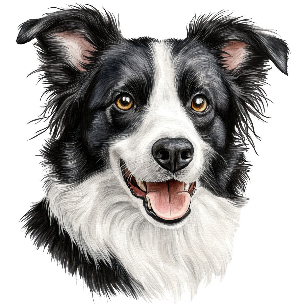 black and white, border collie, dog portrait, watercolor style, amber eyes, pink tongue, realistic illustration, fabric panel, quilting cotton, pet themed, canine art, detailed fur texture, happy expression, animal lover, crafting material, sewing project, bright colors, medium length fur, gentle mood, portrait style