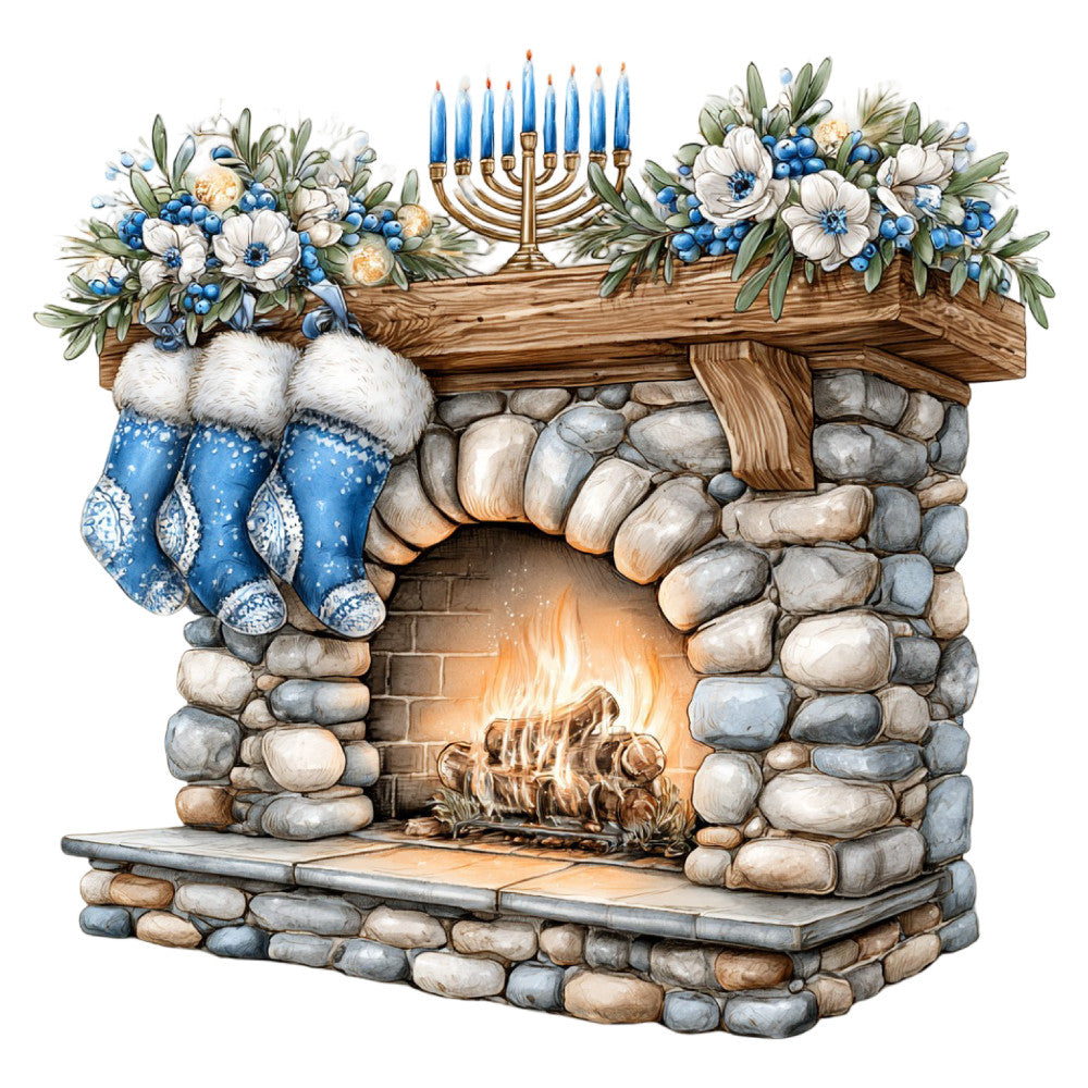 fireplace, menorah, hanukkah, holiday, winter, christmas, stone, blue stockings, white flowers, gold accents, cream, navy blue, gold, floral, festive, seasonal, rustic, traditional, elegant, cozy, hearth, candlestick, decorative, home decor, wall hanging, winter holiday, hanukkah celebration, jewish holiday, white blooms, blue berries