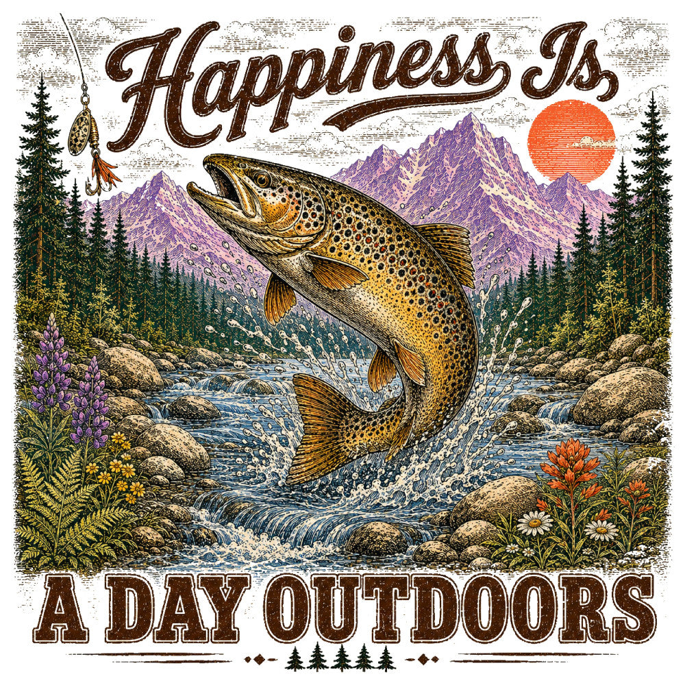 fishing, trout, mountain landscape, forest, outdoor adventure, nature, wildlife, rustic, vintage, brown, gold, purple, orange, green, water, river, camping, hiking, fly fishing, lure, wildflowers, lupine, scenic, engraved style, woodcut, retro, adventure themed, sportsman, anglers, stream