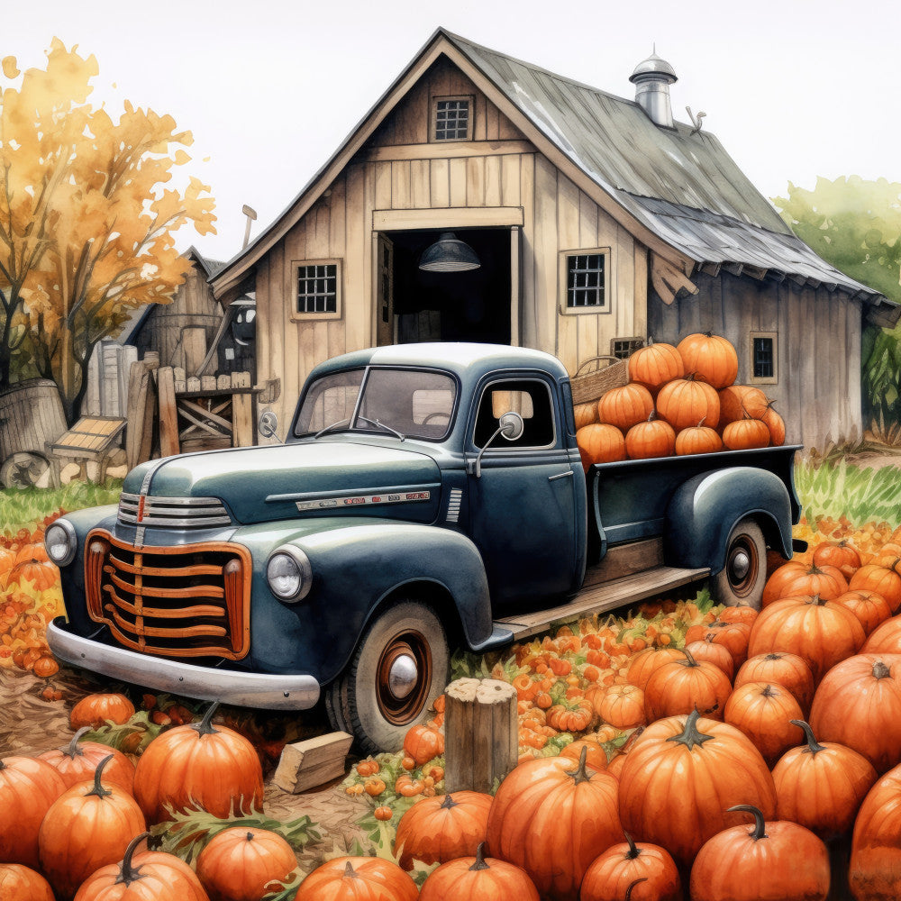 vintage truck, pumpkins, autumn, fall harvest, farmhouse, rustic, barn, orange pumpkins, teal truck, countryside, farm scene, seasonal, thanksgiving, harvest time, vintage vehicles, pastoral, americana, burnt orange, cream, sage green, golden yellow, nostalgic, traditional, nature scene, pumpkin patch, farm life, old truck, country style, fall decor, autumn harvest