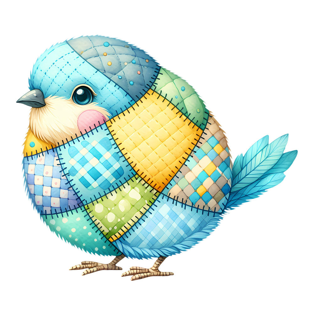 sky blue, turquoise, golden yellow, sage green, soft pink, cream, pastel colors, patchwork bird, whimsical bird, quilted bird, geometric patterns, checkered, diamond pattern, polka dots, stitched details, embroidered look, bird motif, animal theme, spring, summer, whimsical style, modern folk art, playful design, cottage core, farmhouse, nature inspired, decorative bird, colorful patchwork, children's fabric, baby quilt